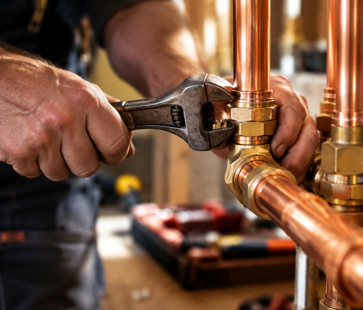 Copper pipework being fitted with a wrench