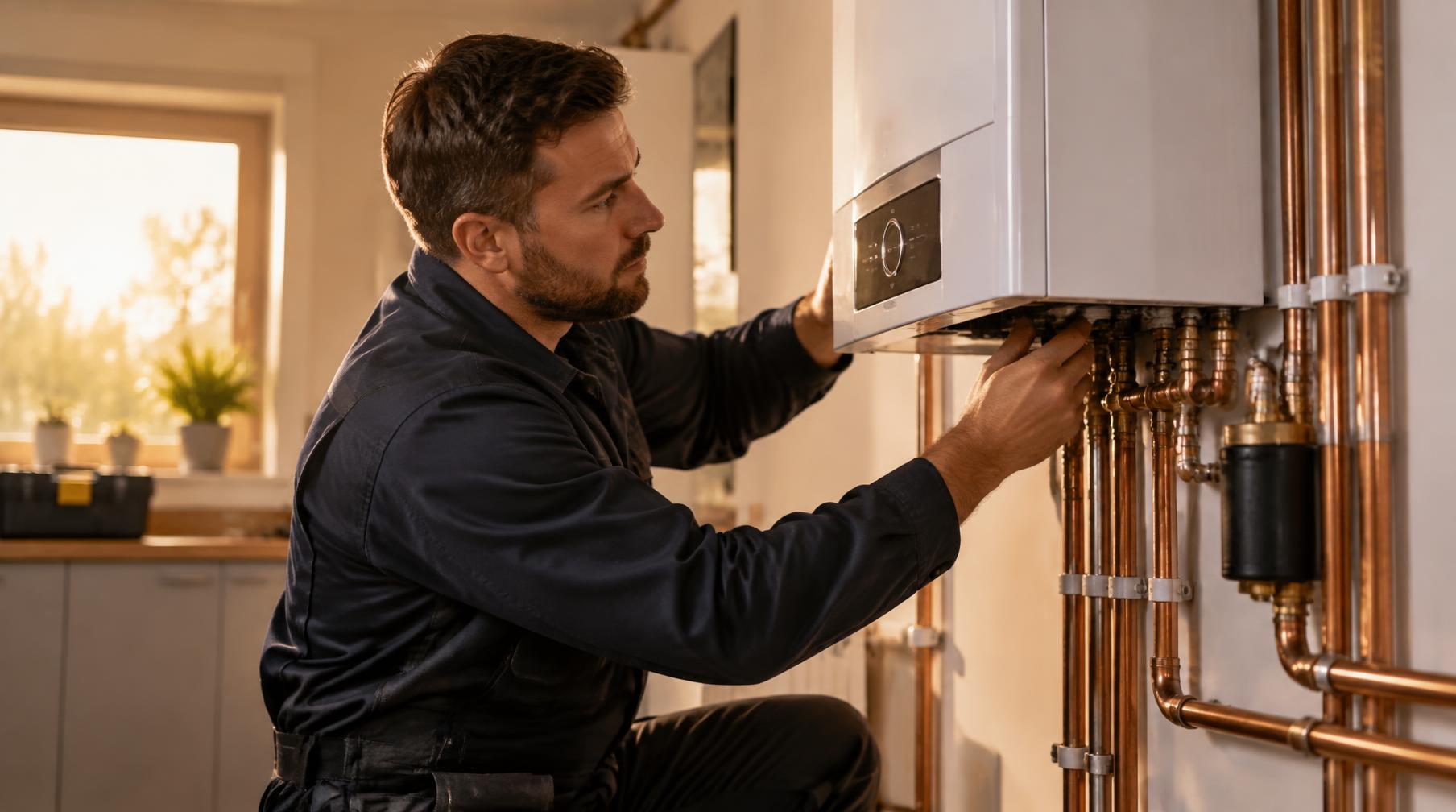 Heating engineer installing a combi boiler on copper pipework